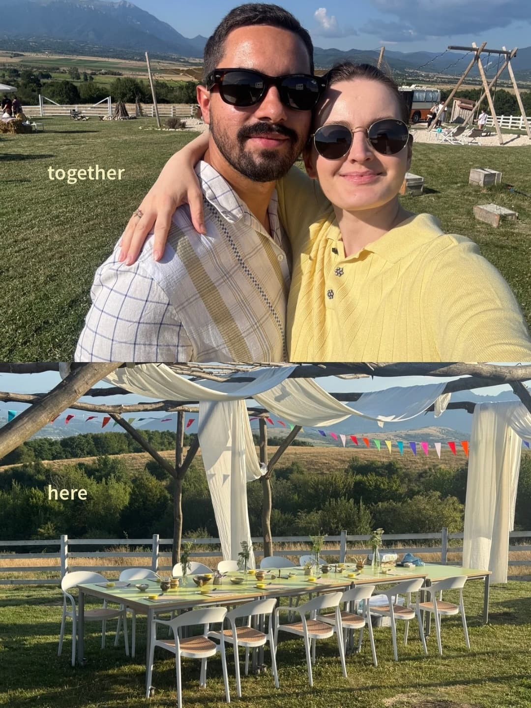 Gazdele atelierului și masa lungă pregătită sub pavilion